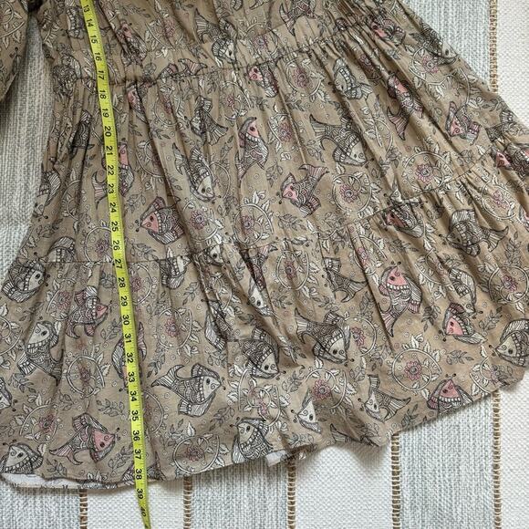 Let Me Be Anthropologie Celeste Fish Print Peasant Puff Sleeves Mini Dress 14 - Picture 8 of 14